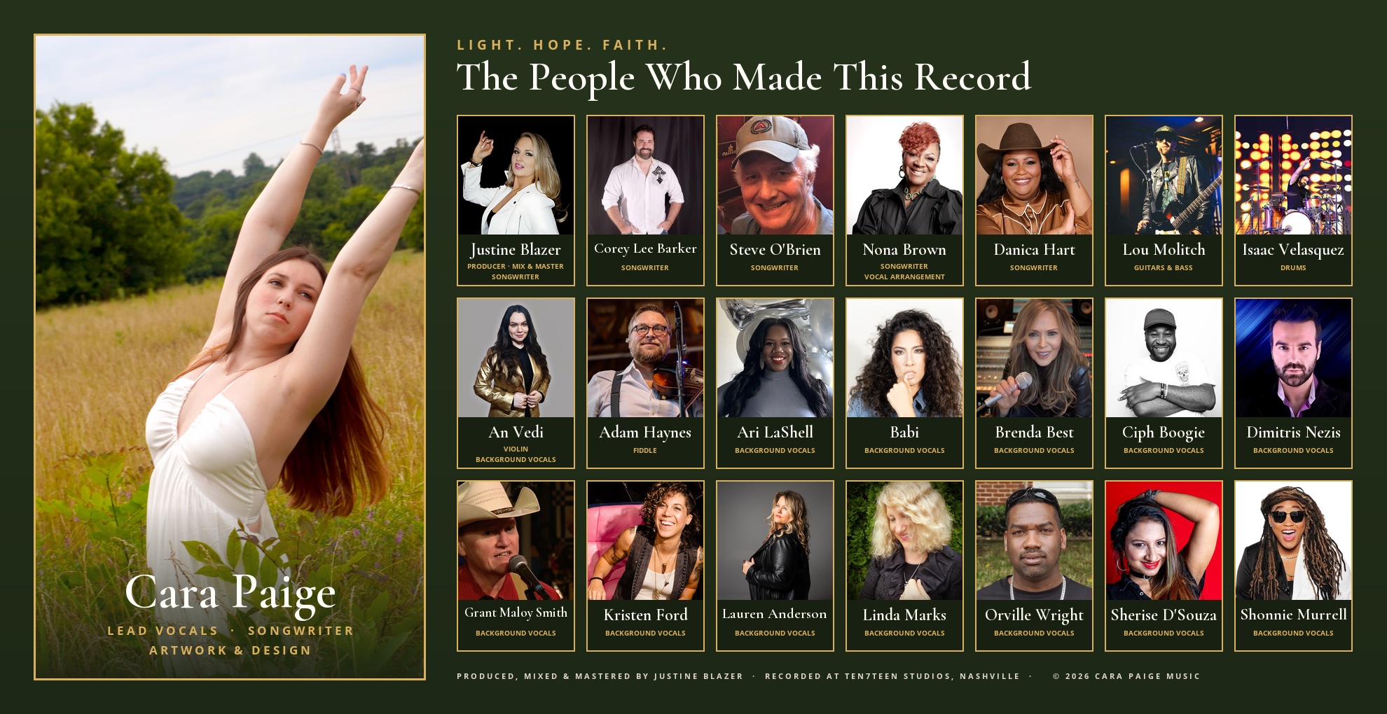 The people who made Light. Hope. Faith. — Cara Paige and her collaborators with their roles